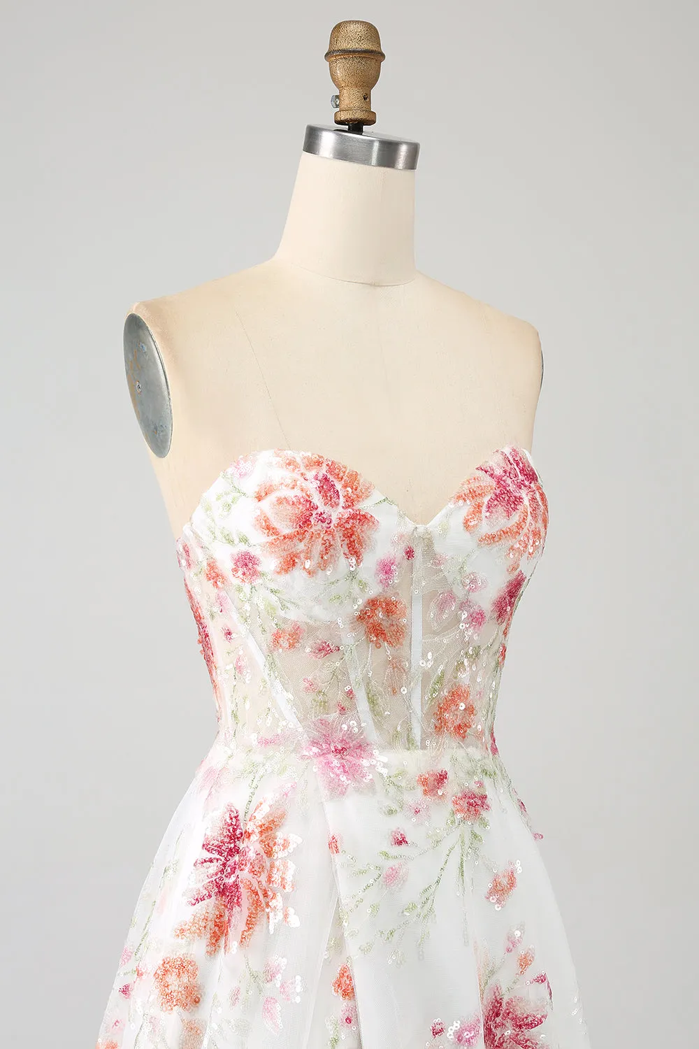 Elegant Sparkly Ivory Flower A Line Sequin Corset Prom Dress With Slit sold by Wedtrend product image thumbnail 5