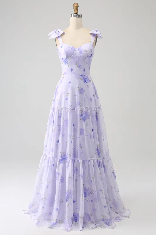 Lilac A-Line Floral Print Lace-Up Back Wedding Party Dress with Shoulder Bows made by Wedtrend