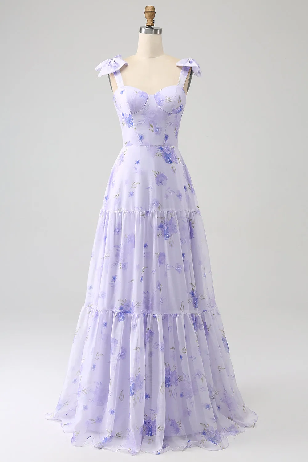 Lilac A-Line Floral Print Lace-Up Back Wedding Party Dress with Shoulder Bows sold by Wedtrend