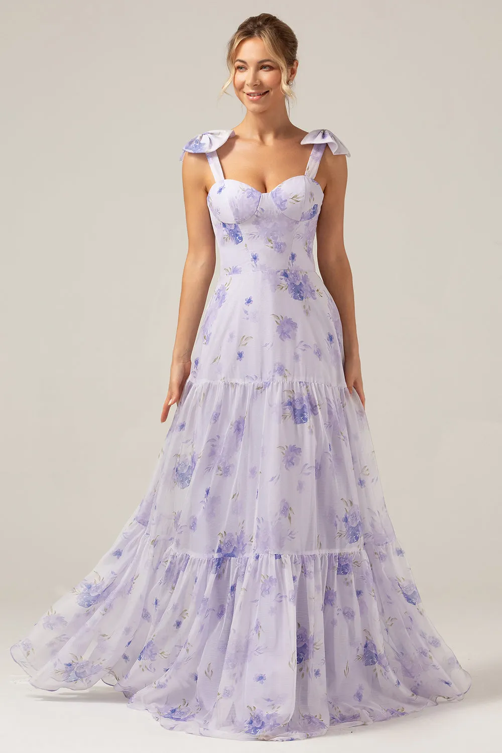 Lilac A-Line Floral Print Lace-Up Back Wedding Party Dress with Shoulder Bows sold by Wedtrend product image thumbnail 3