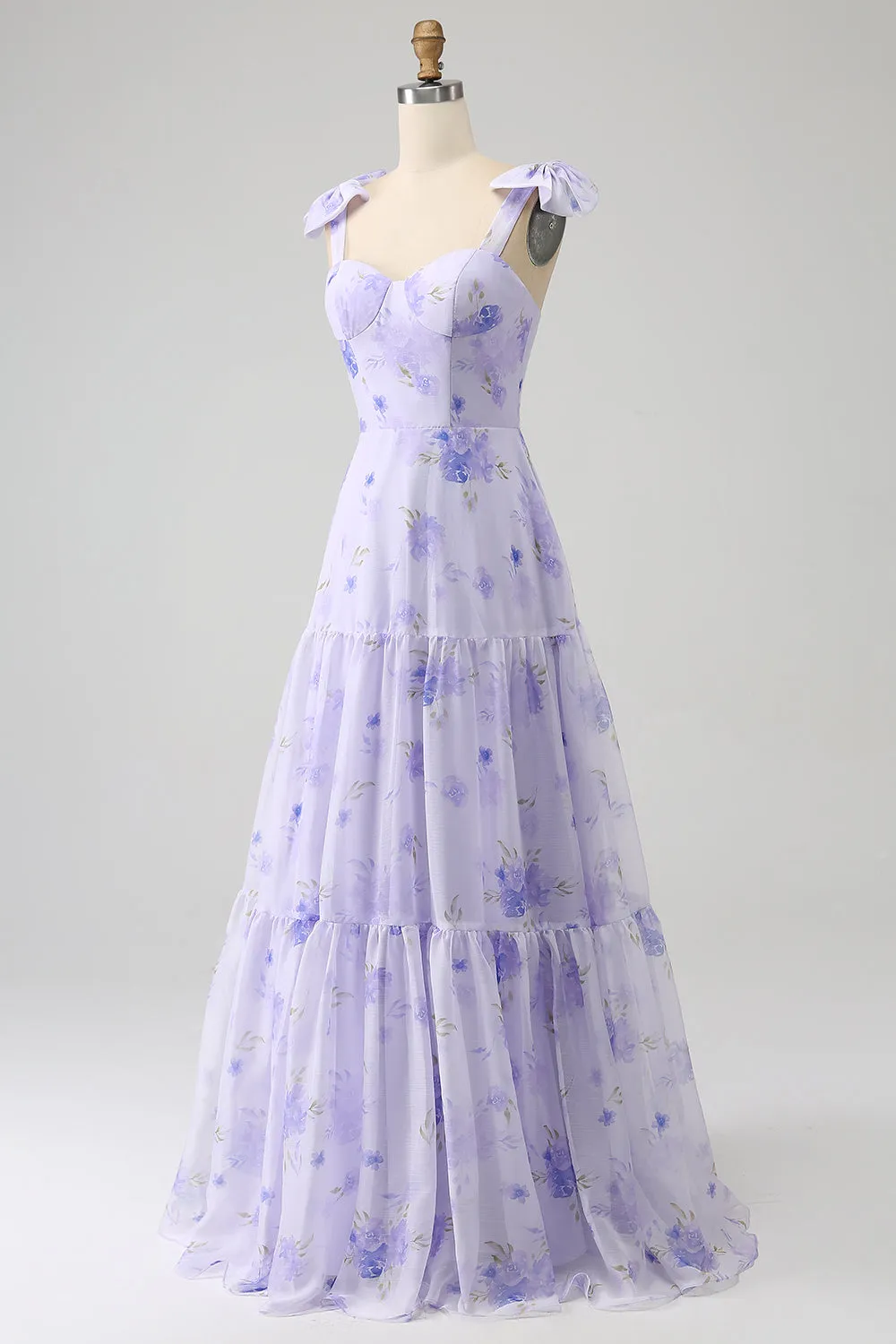Lilac A-Line Floral Print Lace-Up Back Wedding Party Dress with Shoulder Bows sold by Wedtrend product image thumbnail 5