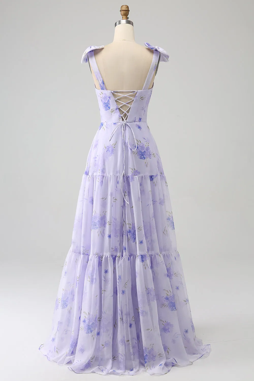 Lilac A-Line Floral Print Lace-Up Back Wedding Party Dress with Shoulder Bows sold by Wedtrend product image thumbnail 2