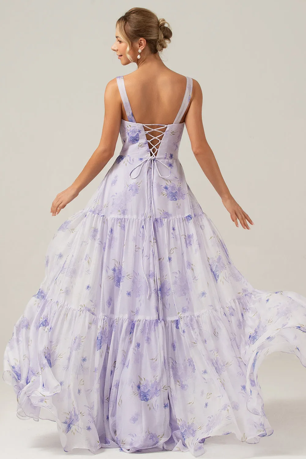 Lilac A-Line Floral Print Lace-Up Back Wedding Party Dress with Shoulder Bows sold by Wedtrend product image thumbnail 4
