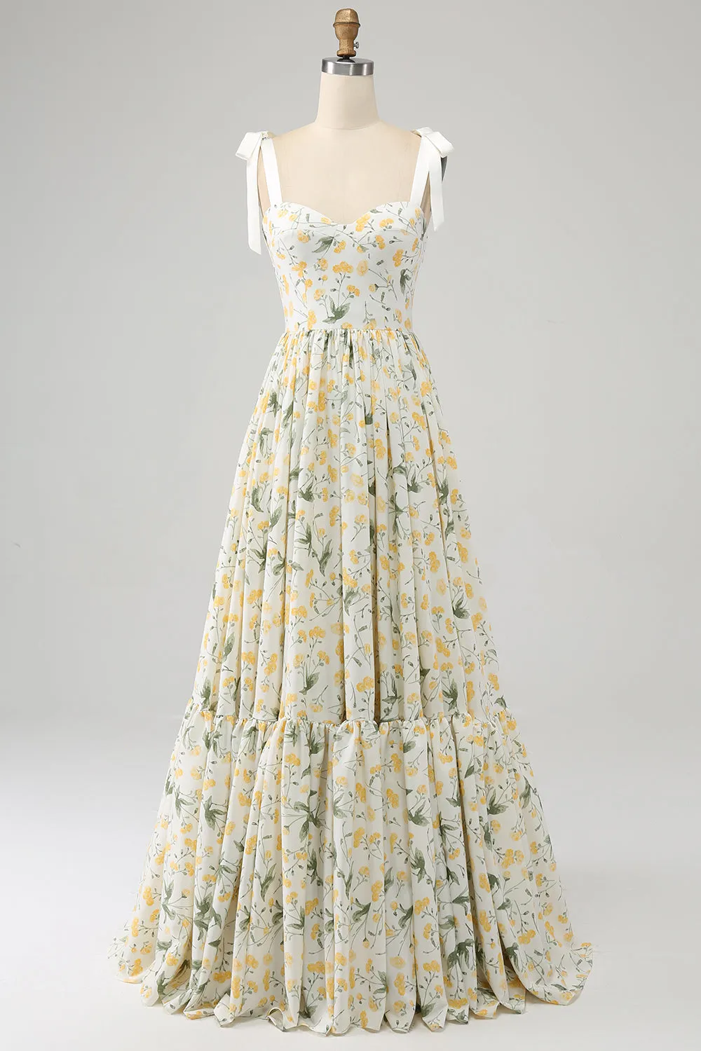 Ivory Flower A Line Spaghetti Straps Print Pleated Long Prom Dress sold by Wedtrend