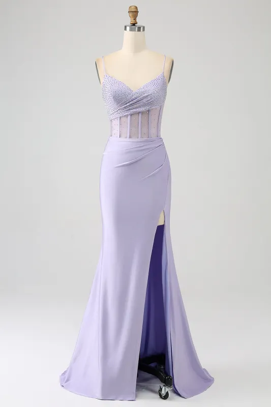 Lavender Mermaid Cutout Glitter Corset Satin Prom Dresses with Pleated Split sold by Wedtrend