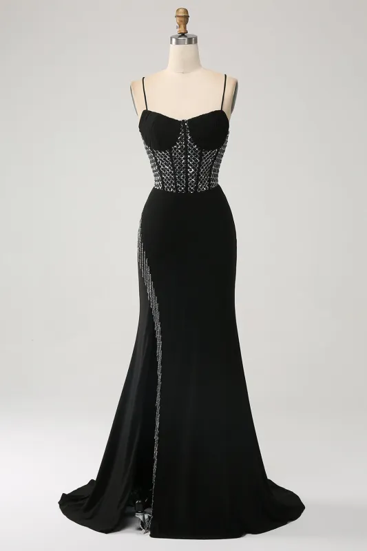 Gorgeous Black Mermaid Spaghetti Straps Strapless Sequin Prom Dresses with Slit made by Wedtrend