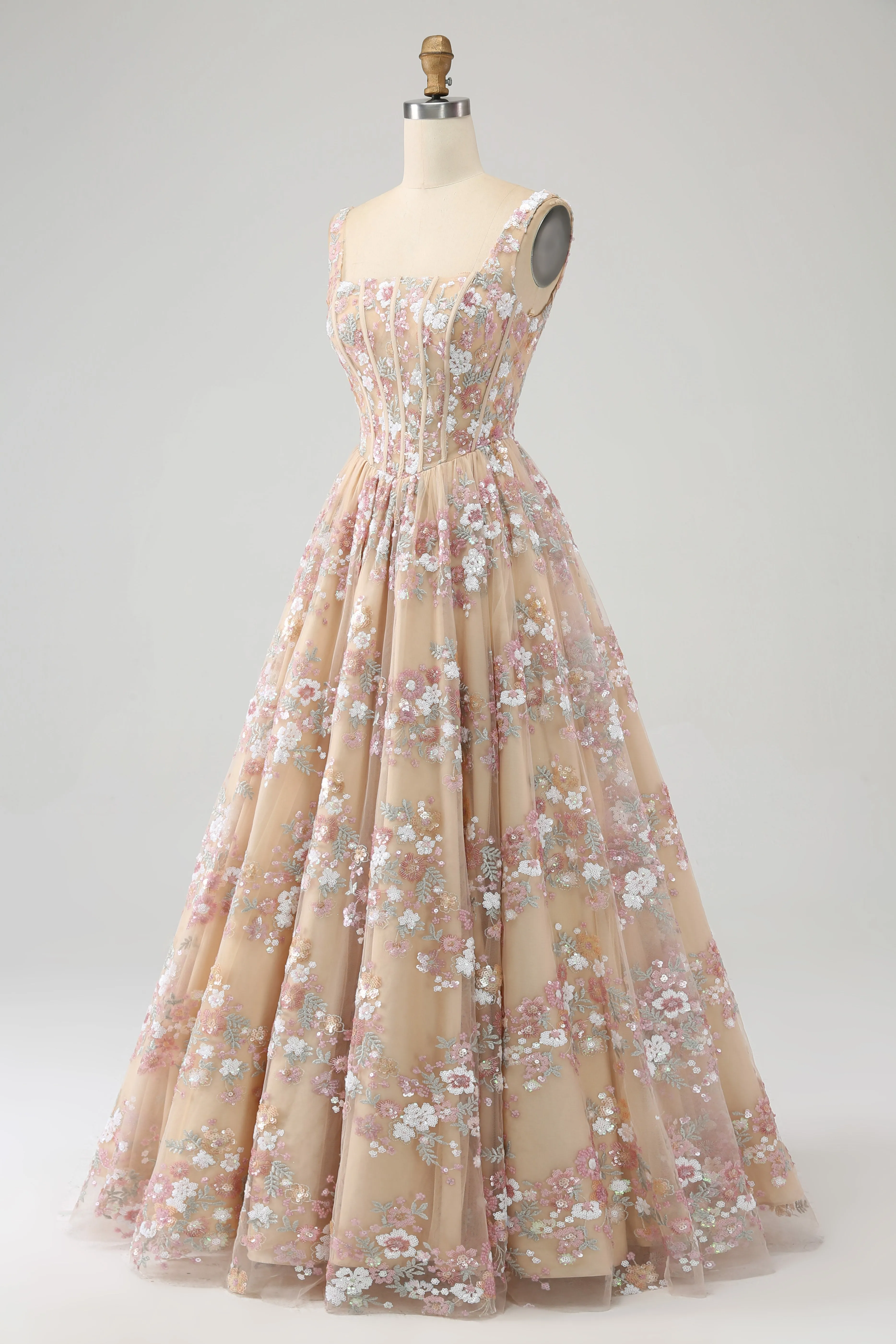 Champagne Princess A-Line Square Neck Corset Long Prom Dress with Embroidery sold by Wedtrend product image thumbnail 3