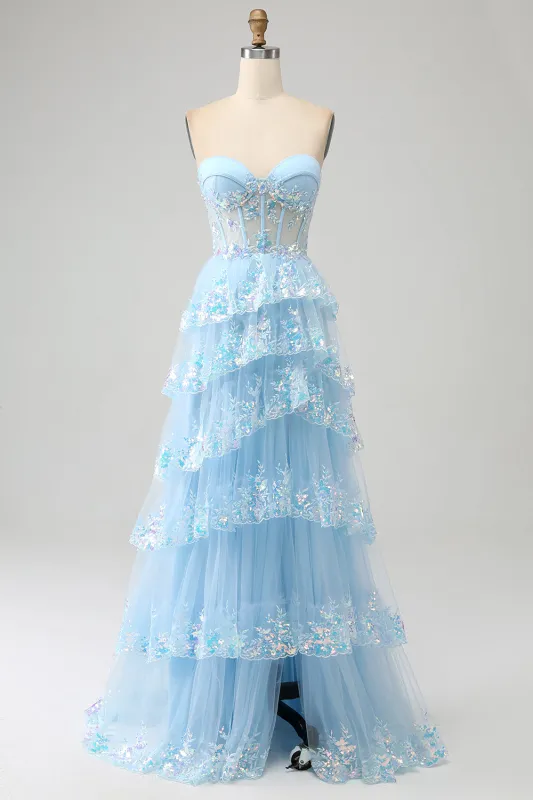 Light Blue Princess A Line Sweetheart Tiered Sequin Tulle Prom Dress With Slit made by Wedtrend