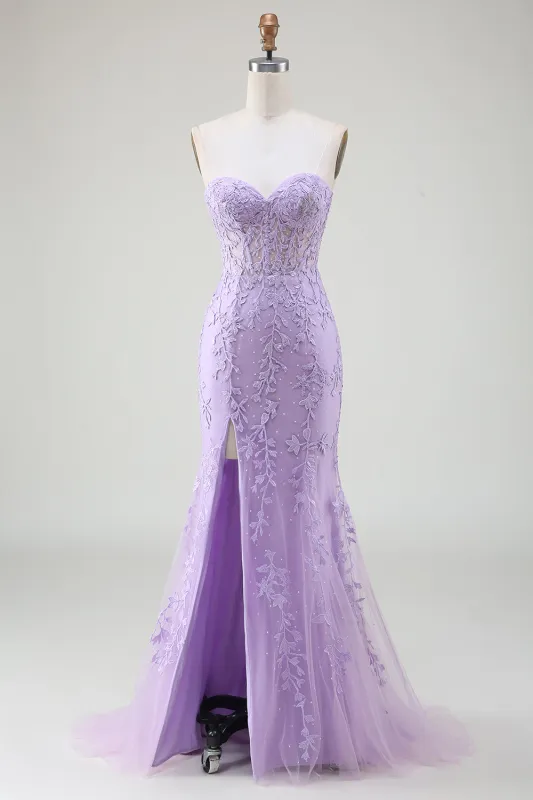 Light Purple Mermaid Sweetheart Lace Corset Long Prom Dress with Slit sold by Wedtrend
