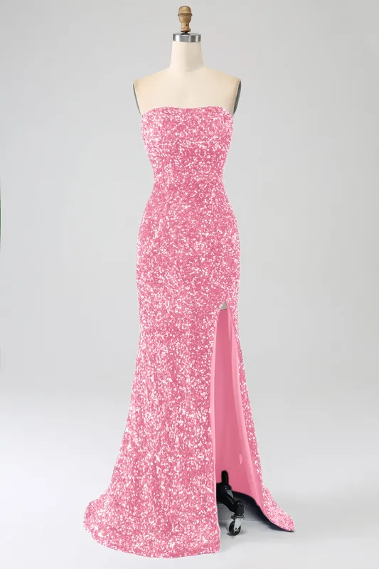 Pink Mermaid Strapless Sequins Long Prom Dress With Slit made by Wedtrend