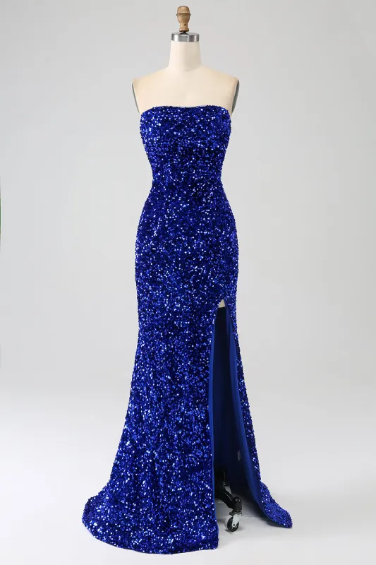 Royal Blue Mermaid Strapless Sequins Long Prom Dress With Slit made by Wedtrend