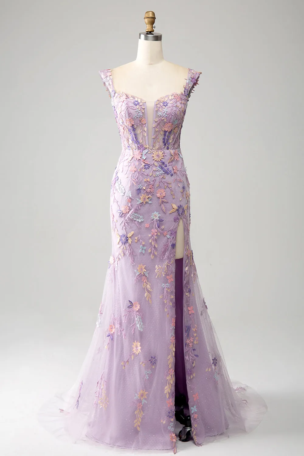 Mauve Mermaid Square Neck Split Front Prom Dress With Appliques sold by Wedtrend