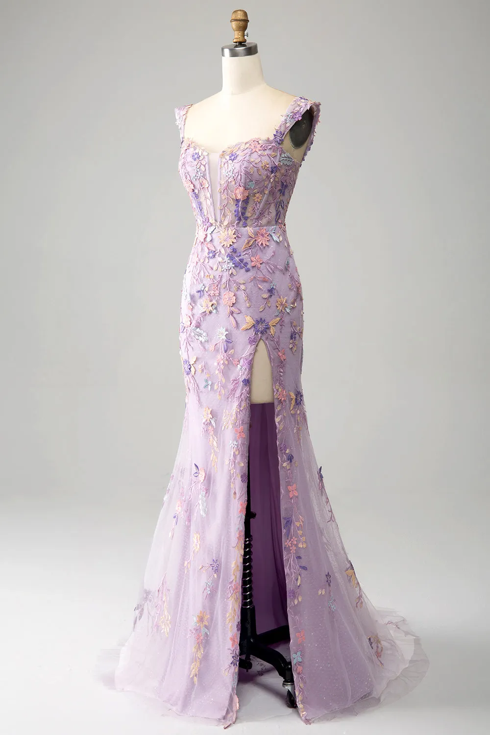Mauve Mermaid Square Neck Split Front Prom Dress With Appliques sold by Wedtrend product image thumbnail 3