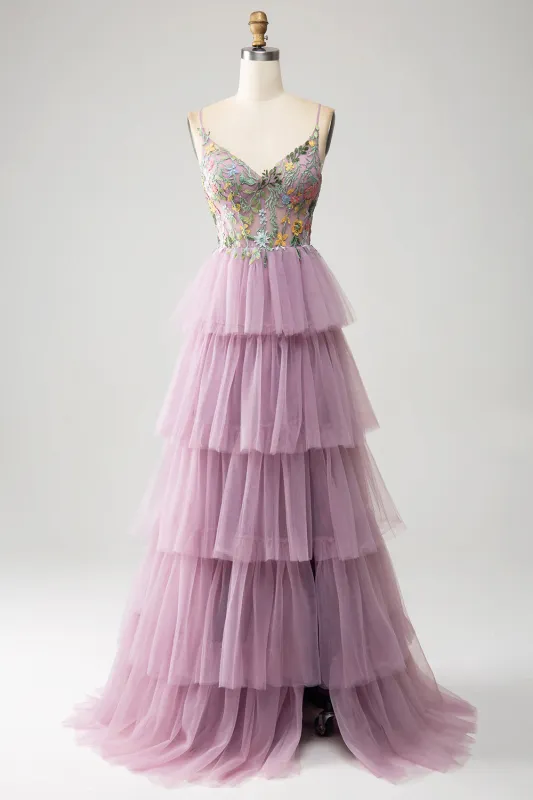 Mauve A-Line Spaghetti Straps Tulle Corset Tiered Prom Dress With Appliques sold by Wedtrend