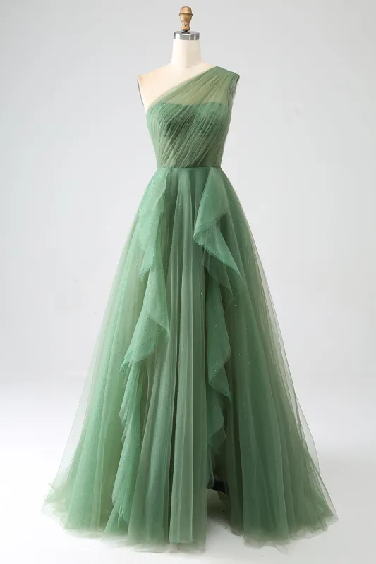 Dark Green A-Line One-Shoulder Long Tulle Prom Dress made by Wedtrend