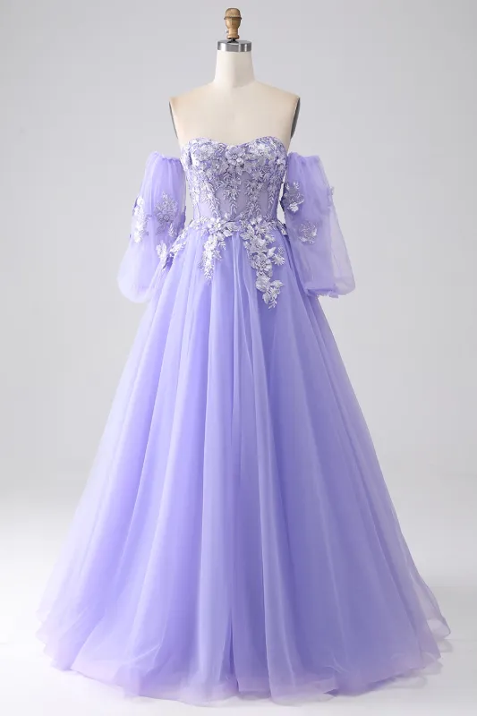 Lavender A Line Sweetheart Off The Shoulder Corset Prom Dress with Appliques sold by Wedtrend