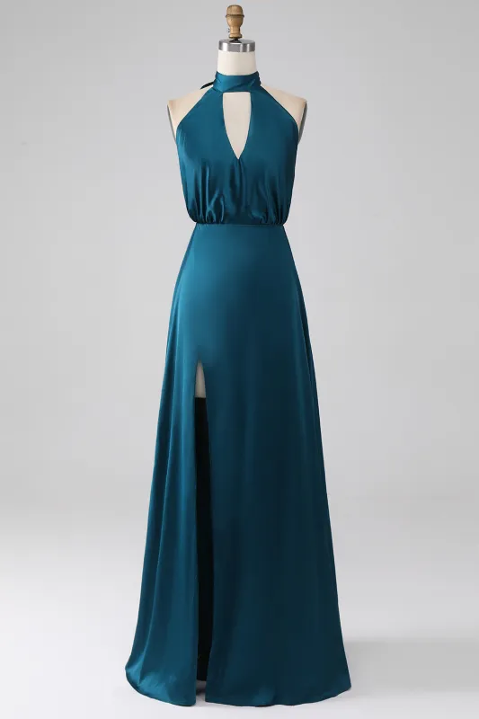 Peacock A-Line Halter Neck Backless Long Bridesmaid Dress with Slit sold by Wedtrend