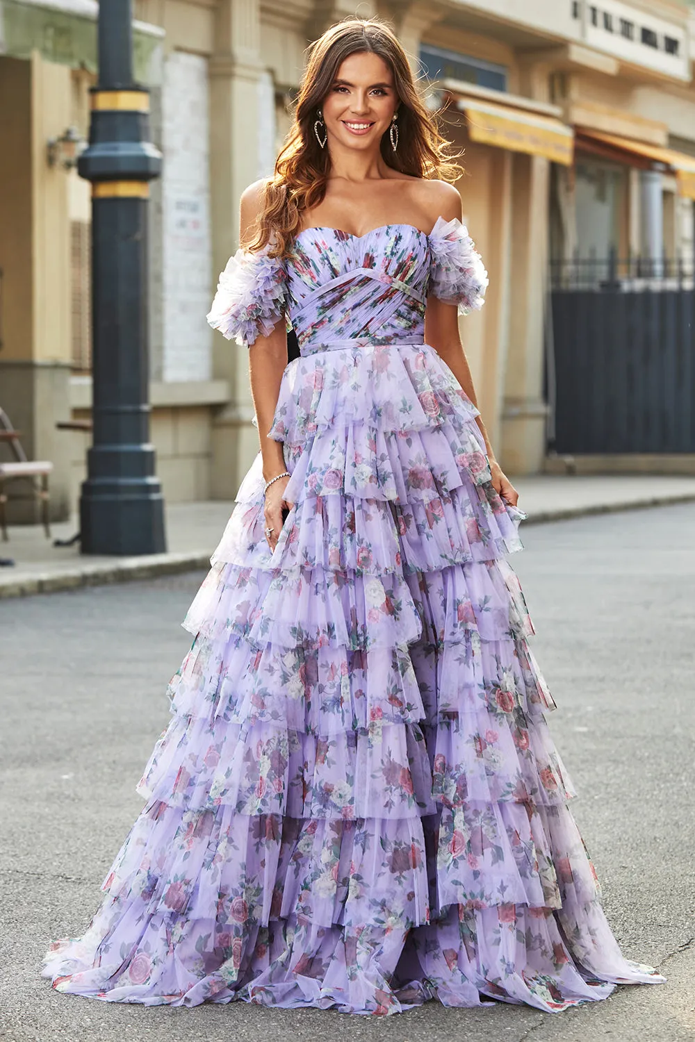 Lavender Ball Gown Off the Shoulder Floral Printed Tiered Prom Dress with Rosette Details sold by Wedtrend product image thumbnail 3