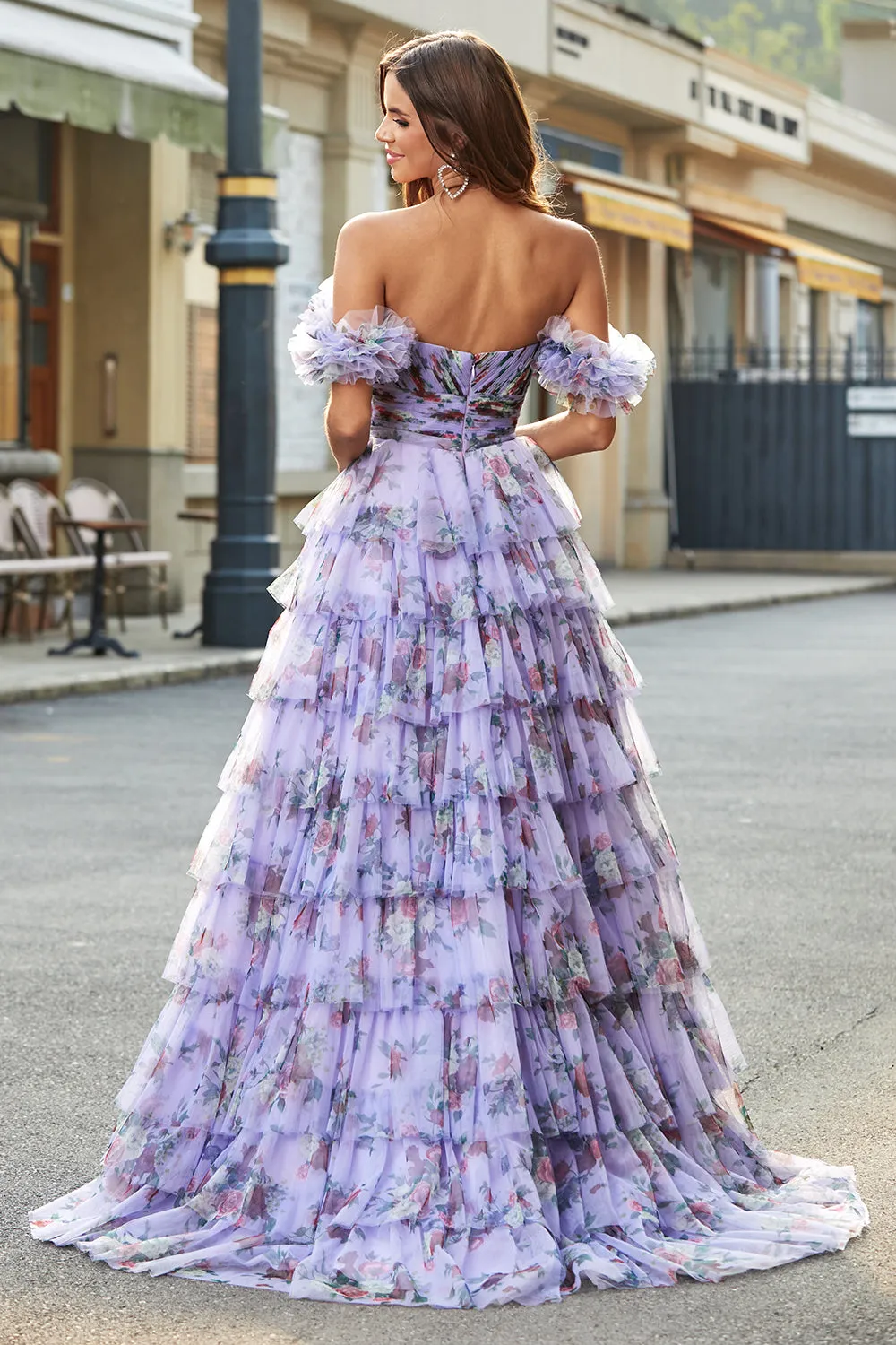 Lavender Ball Gown Off the Shoulder Floral Printed Tiered Prom Dress with Rosette Details sold by Wedtrend product image thumbnail 2