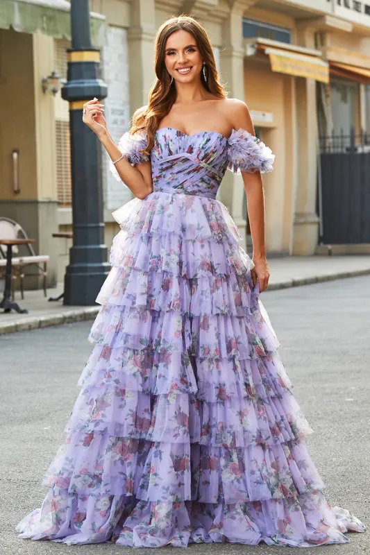 Lavender Ball Gown Off the Shoulder Floral Printed Tiered Prom Dress with Rosette Details made by Wedtrend