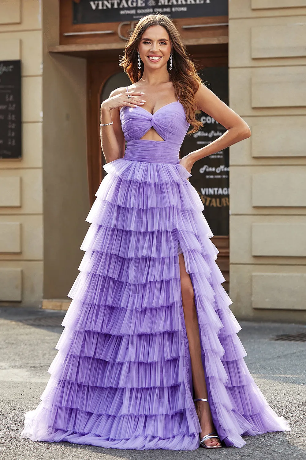 Purple Princess Spaghetti Straps Tiered Long Tulle Prom Dress with Slit sold by Wedtrend product image thumbnail 4