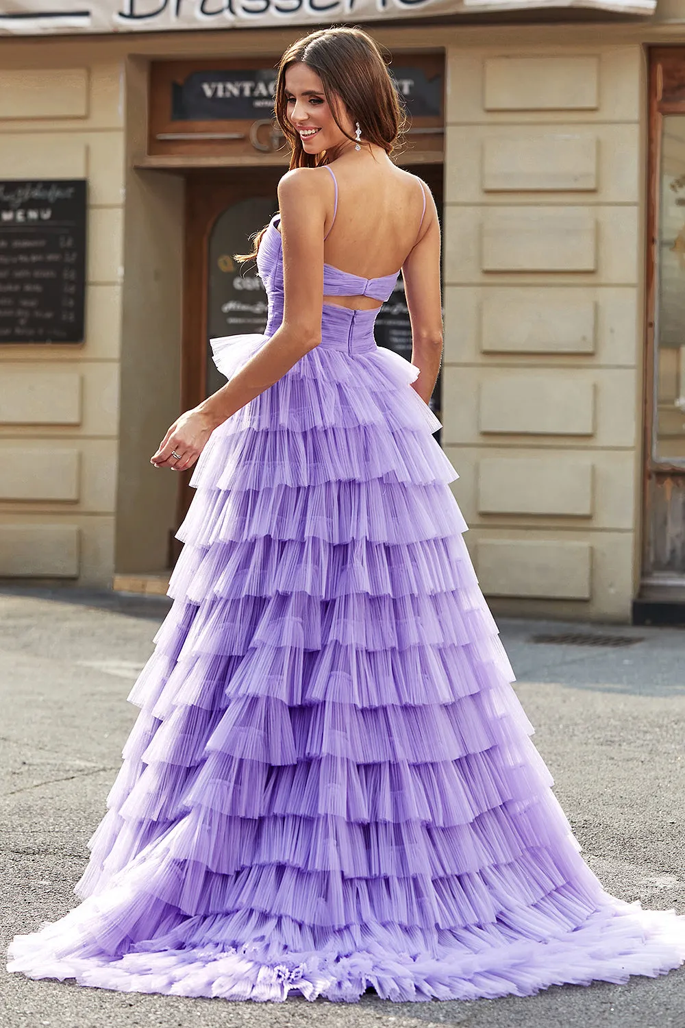 Purple Princess Spaghetti Straps Tiered Long Tulle Prom Dress with Slit sold by Wedtrend product image thumbnail 2