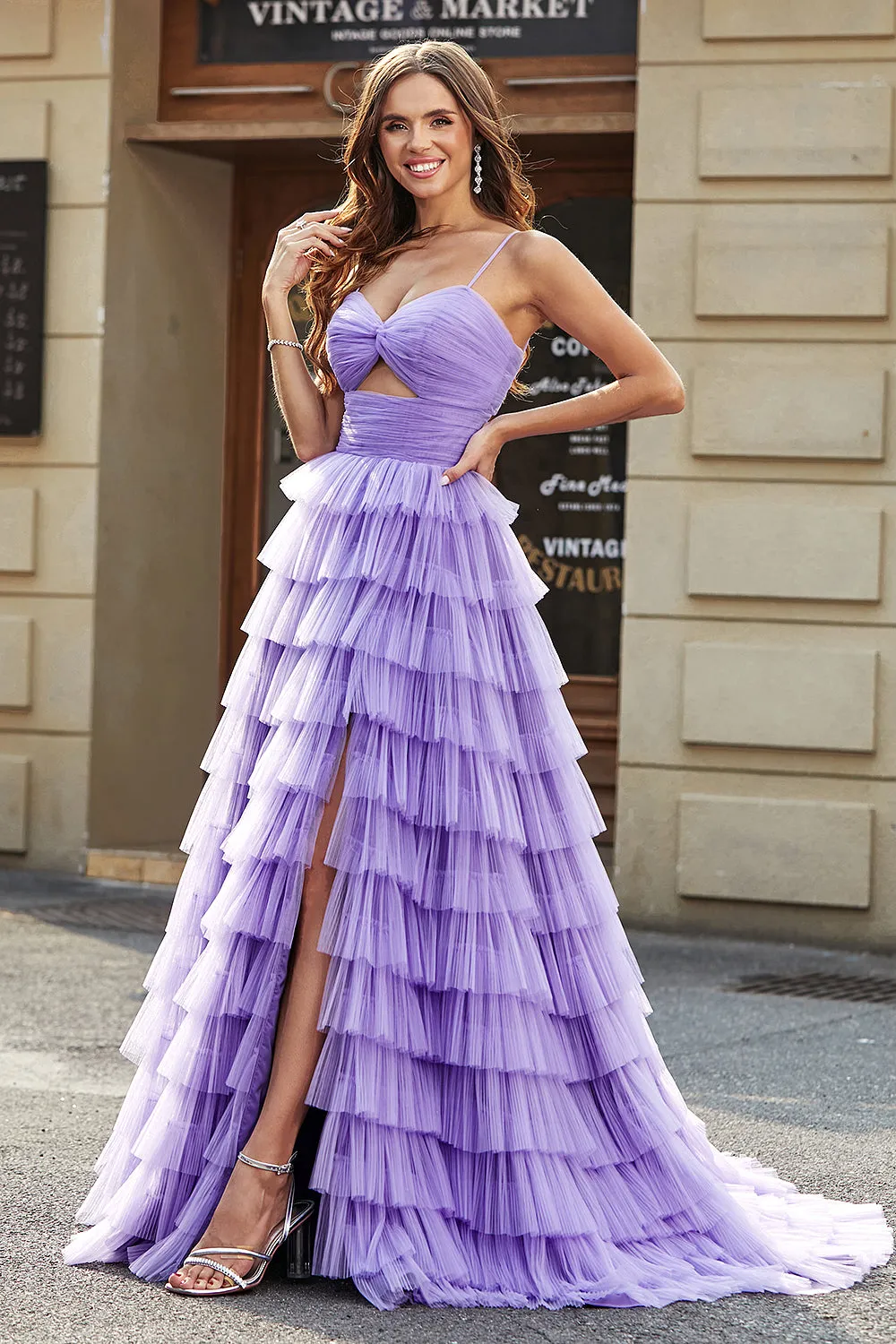 Purple Princess Spaghetti Straps Tiered Long Tulle Prom Dress with Slit sold by Wedtrend product image thumbnail 5