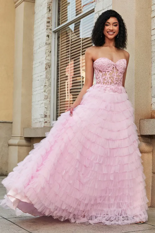 Pink A Line Sweetheart Pleated Tiered Long Prom Dress made by Wedtrend