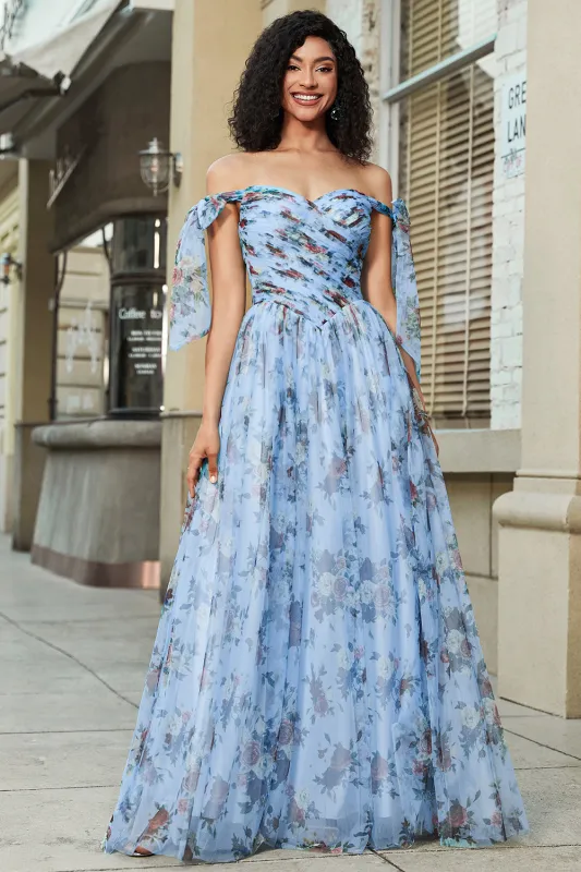 Blue A-Line Off The Shoulder Floral Print Pleated Tulle Prom Dress made by Wedtrend