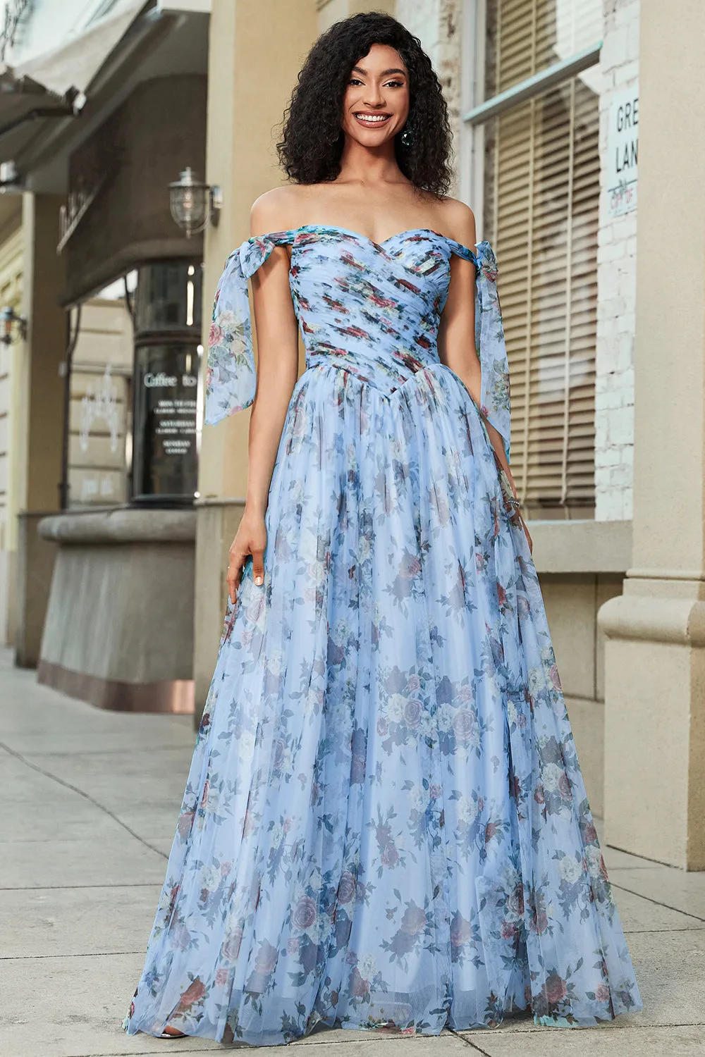 Blue A-Line Off The Shoulder Floral Print Pleated Tulle Prom Dress sold by Wedtrend