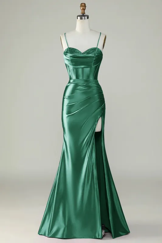 Dark Green Mermaid Spaghetti Straps Long Prom Dress With Slit made by Wedtrend