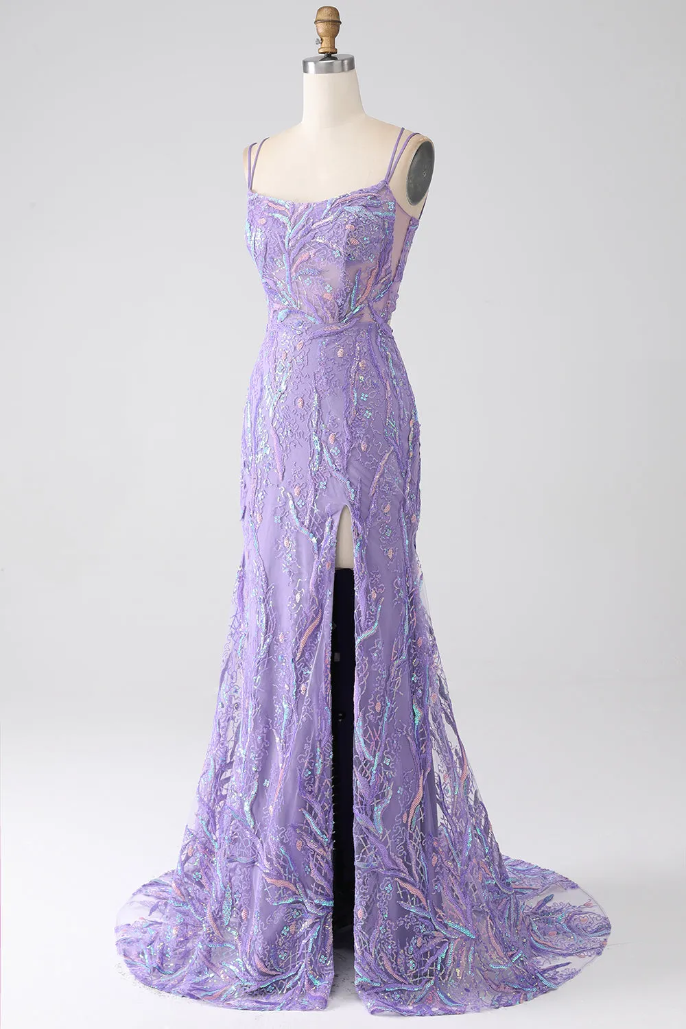 Mermaid Lace-Up Back Lilac Sequins Prom Dress with Slit sold by Wedtrend product image thumbnail 3