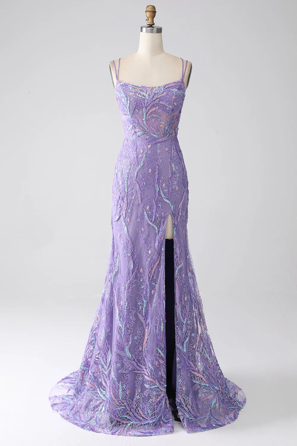 Mermaid Lace-Up Back Lilac Sequins Prom Dress with Slit sold by Wedtrend