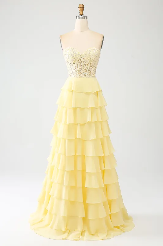 Yellow A-Line Sweetheart Tiered Corset Long Prom Dress made by Wedtrend