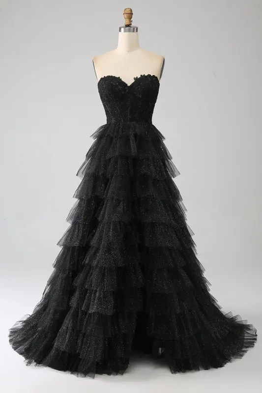 Glitter A-Line Sweetheart Tiered Tulle Corset Long Black Prom Dress with Slit sold by Wedtrend