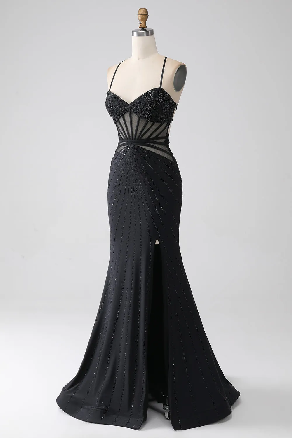 Mermaid Black Spaghetti Straps Long Prom Dress with Slit sold by Wedtrend product image thumbnail 3