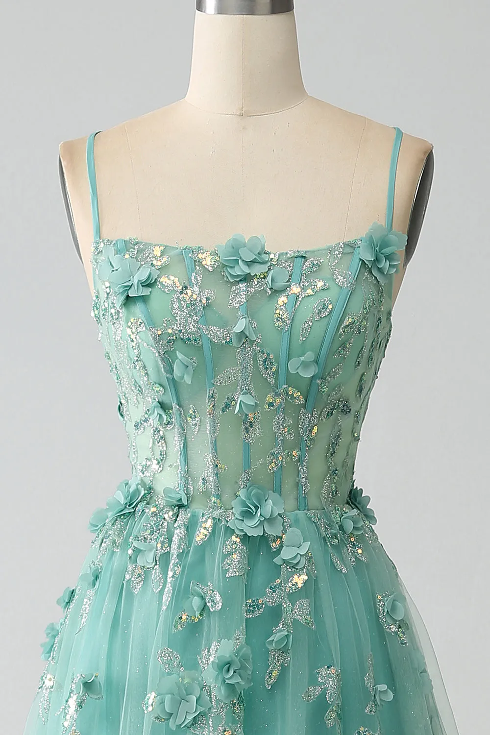 Green A-Line Spaghetti Straps Long Corset Prom Dress with Appliques sold by Wedtrend product image thumbnail 4