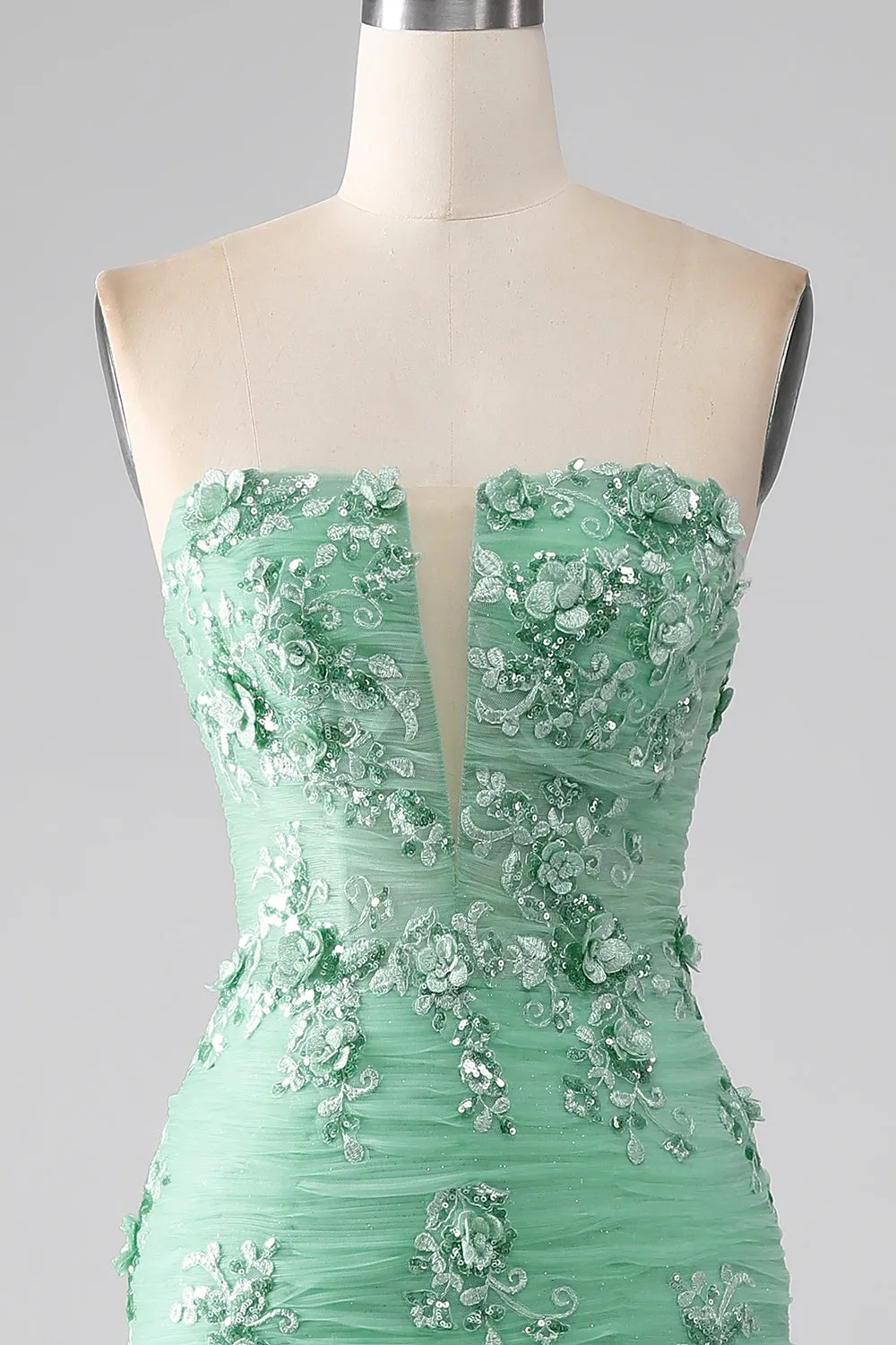 Green Mermaid Strapless Tulle Long Prom Dress with Appliques sold by Wedtrend product image thumbnail 4