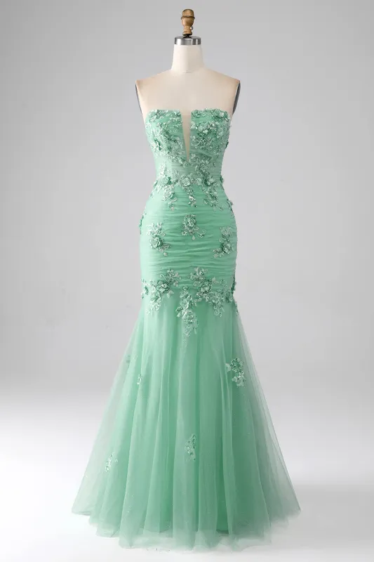 Green Mermaid Strapless Tulle Long Prom Dress with Appliques sold by Wedtrend