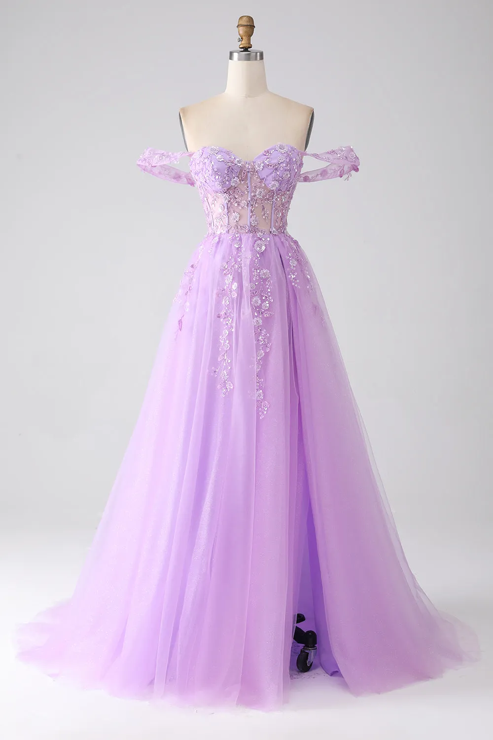 Lilac A-Line Off The Shoulder Beaded Corset Long Prom Dress With Slit sold by Wedtrend