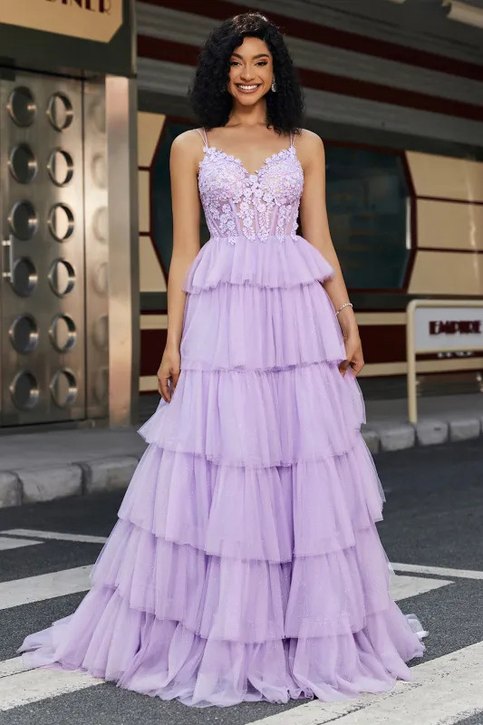 Elegant Lilac A Line Tulle Tiered Corset Prom Dress With Appliques made by Wedtrend