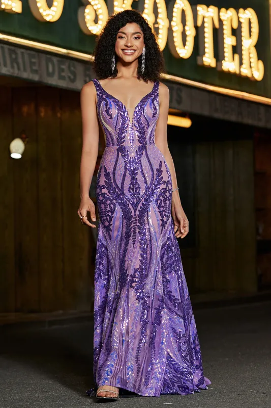 Dark Purple Mermaid V Neck Sparkly Long Prom Dress With Sequins made by Wedtrend