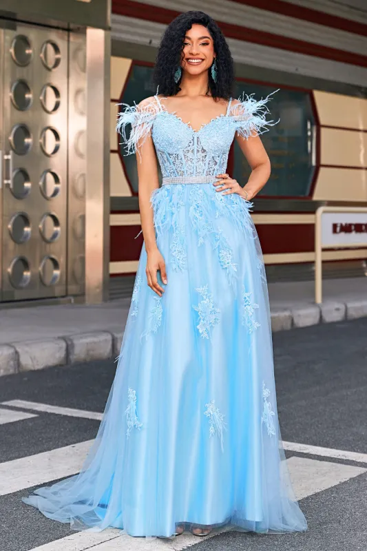 A-Line Rhinestones Accents Corset Light Blue Prom Dress With Appliques made by Wedtrend