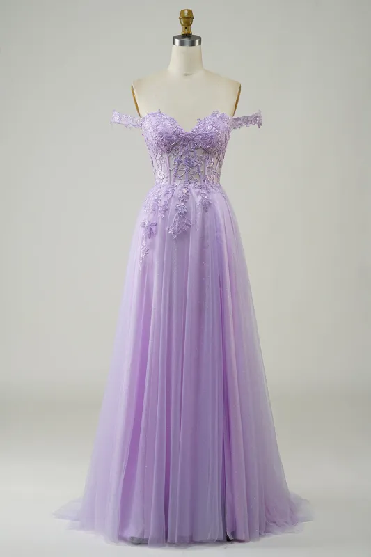 Purple A-Line Off The Shoulder Long Corset Tulle Prom Dress with Lace made by Wedtrend
