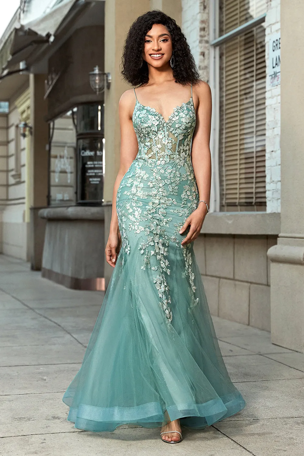 Light Green Mermaid Lace-Up Back Tulle Long Prom Dress with Appliques sold by Wedtrend