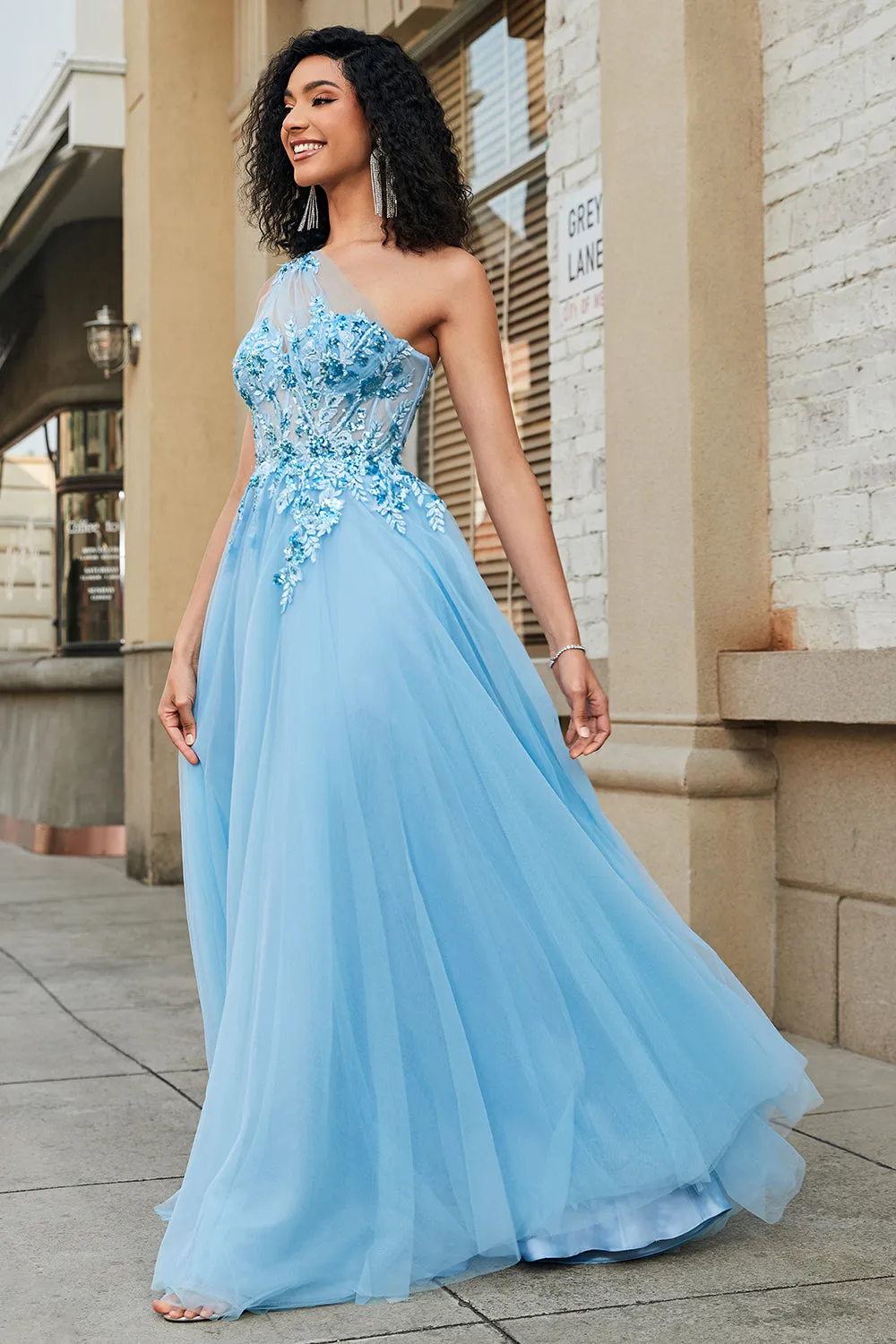 A-Line One Shoulder Sequin Light Blue Long Prom Dress with Appliques sold by Wedtrend product image thumbnail 3