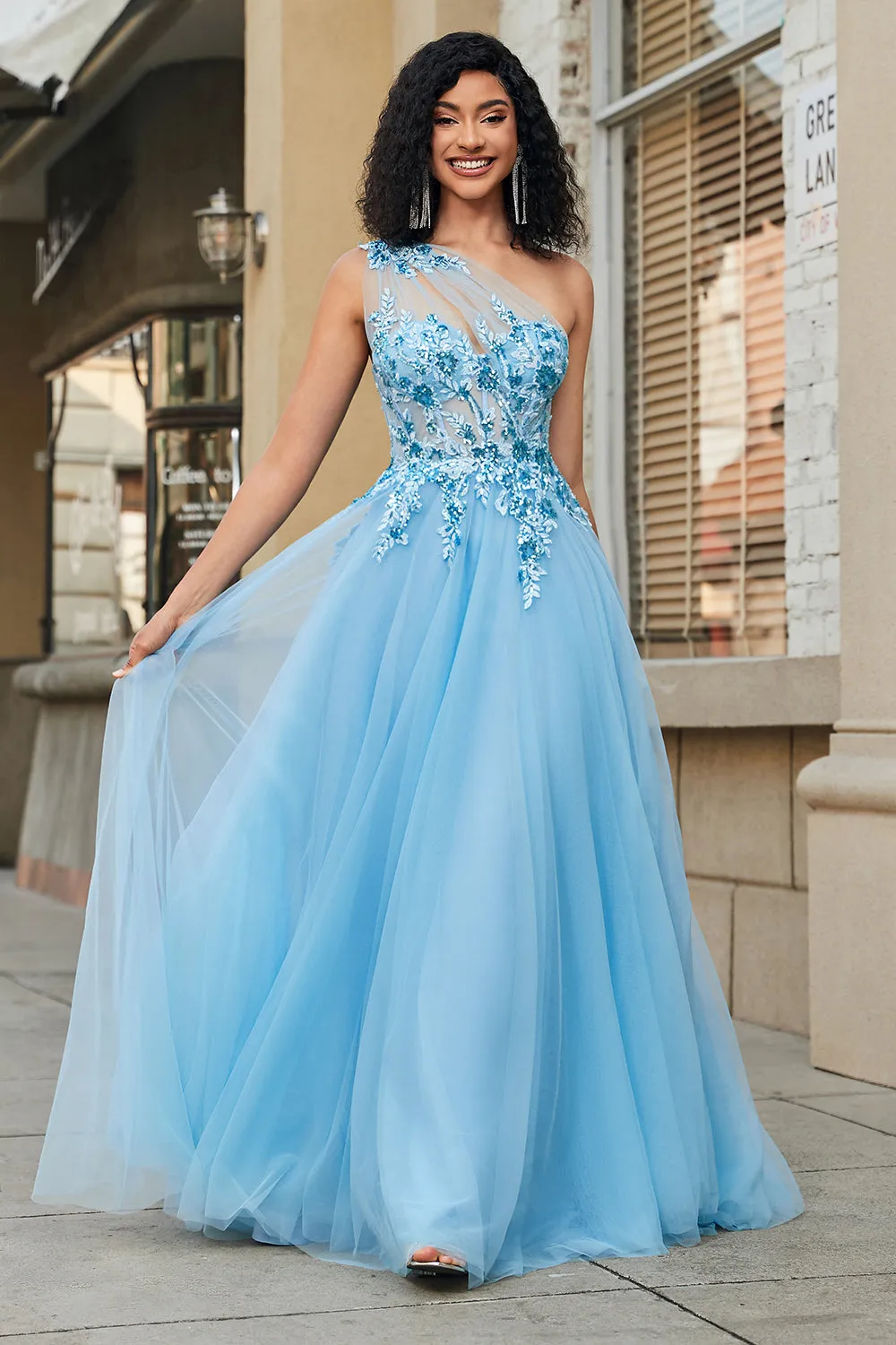 A-Line One Shoulder Sequin Light Blue Long Prom Dress with Appliques sold by Wedtrend product image thumbnail 5
