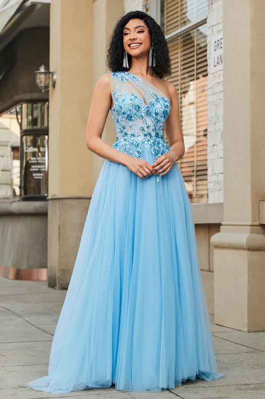 A-Line One Shoulder Sequin Light Blue Long Prom Dress with Appliques sold by Wedtrend