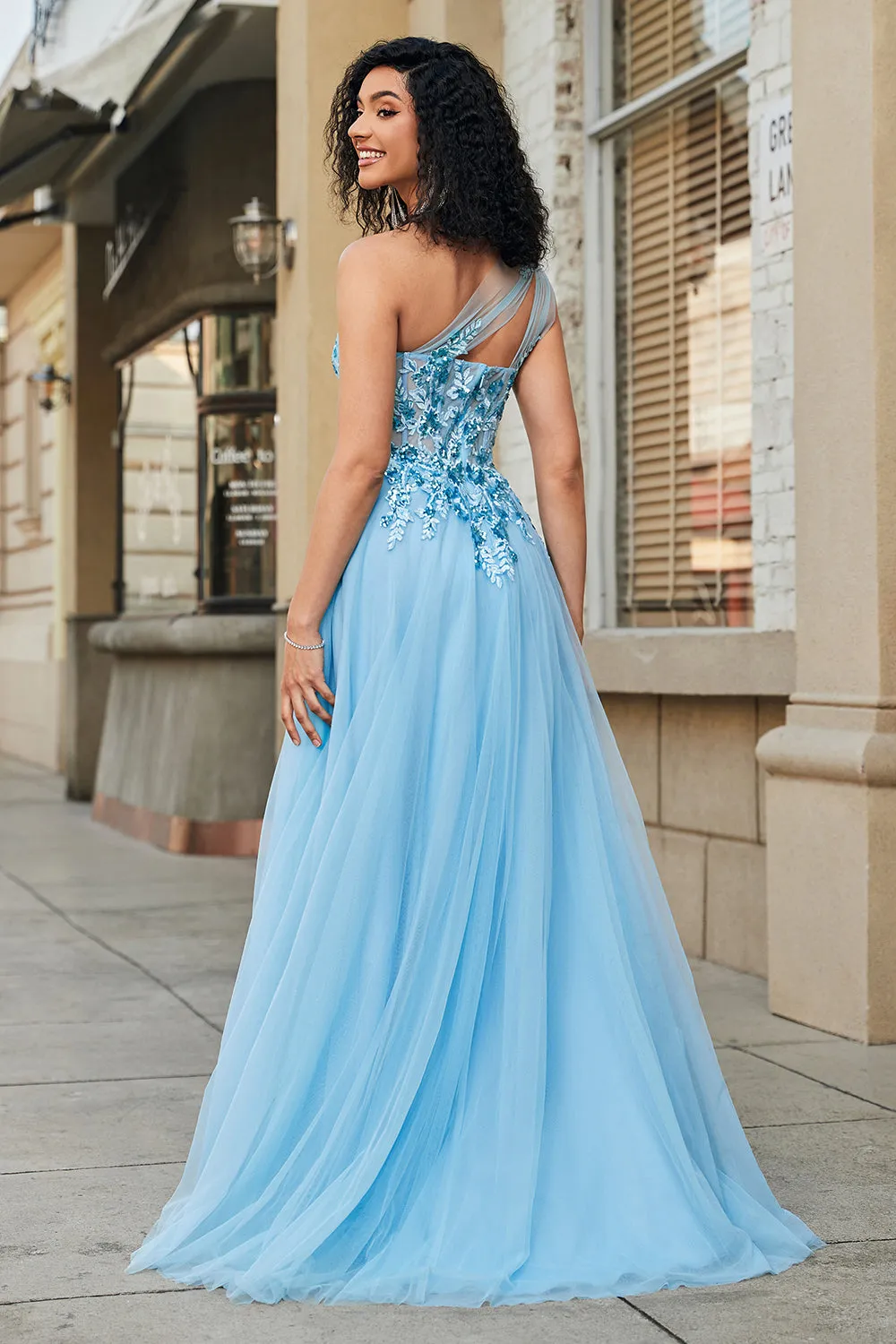 A-Line One Shoulder Sequin Light Blue Long Prom Dress with Appliques sold by Wedtrend product image thumbnail 2