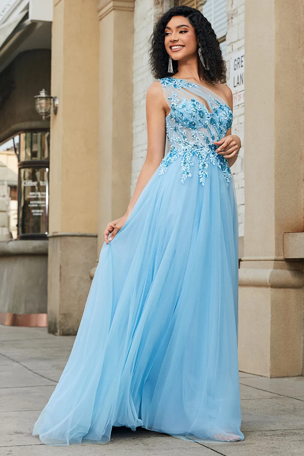 A-Line One Shoulder Sequin Light Blue Long Prom Dress with Appliques sold by Wedtrend product image thumbnail 4